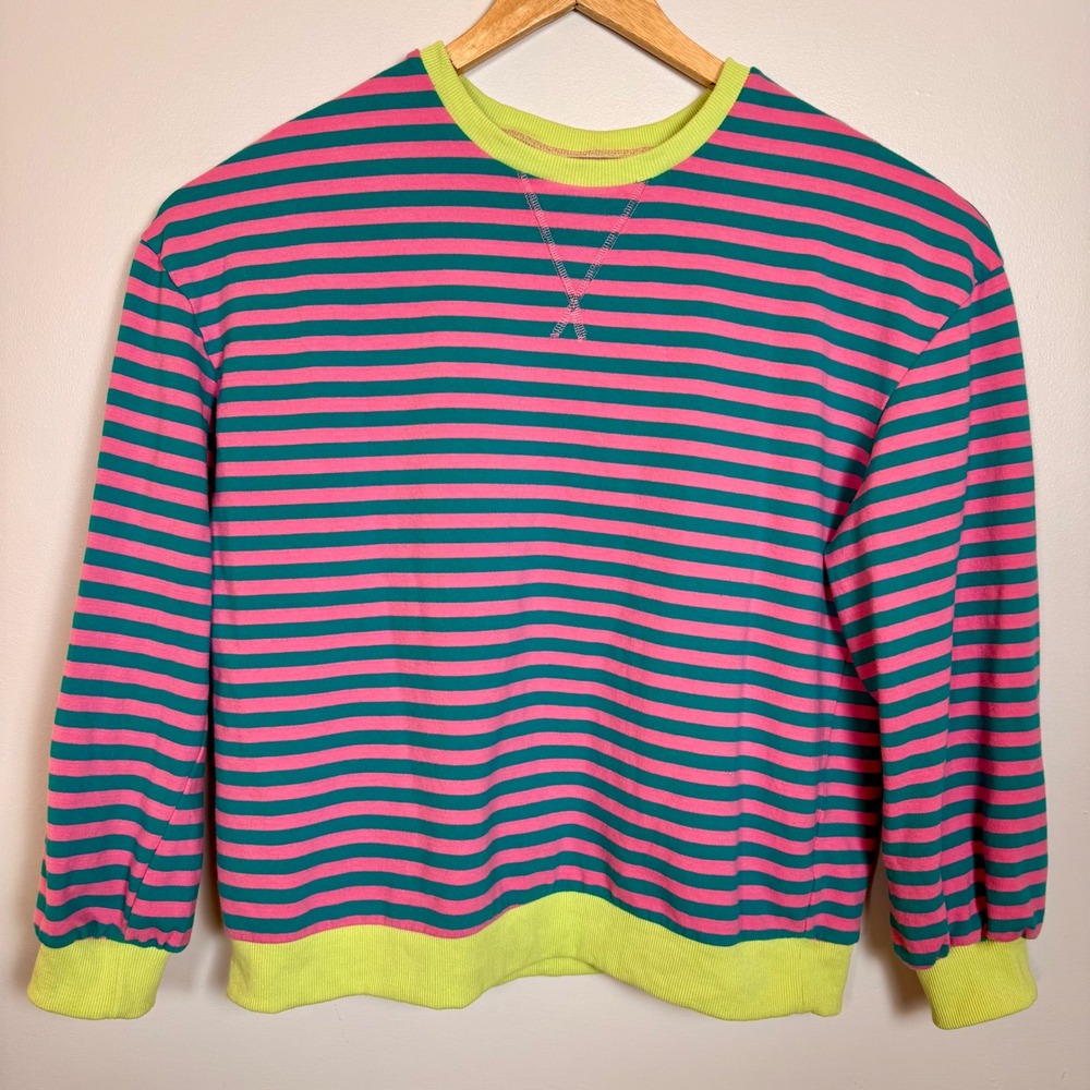 Retro Striped Crewneck Sweatshirt Small Pink Green Neon Yellow 90s Style Soft